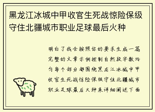 黑龙江冰城中甲收官生死战惊险保级守住北疆城市职业足球最后火种